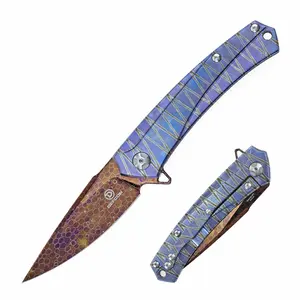DEFCON Knives BARRACUDA DLX Titanium Pocket Knife with Ball Bearing Damascus Blade