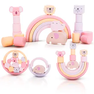 Pink Animal Stacking Set - 21 Pieces included with Storage Bag - Wooden Rainbow Stacker Gift for Girls
