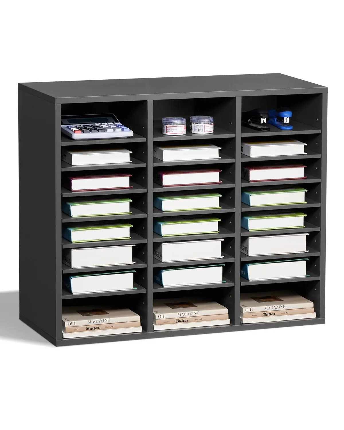 【Summerfinds】VEVOR Wood MDF Board Literature Organizer, 24-Compartment Waterproof Office Mailbox with Adjustable Shelves, 9.2x11.1x2.2 inches Grey Desktop Shelf, EPA Certified, Holds 500 Sheets of A4 Paper/22 Lbs / 10 Kg, Easy Assembly for Office & Home U