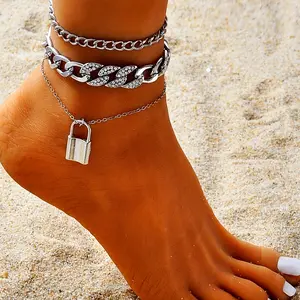 Creative ankle chain set with lock pendant, three-layer thick chain ankle bracelet, multi-layer women's ankle set, Valentine's Day gift for girlfriend