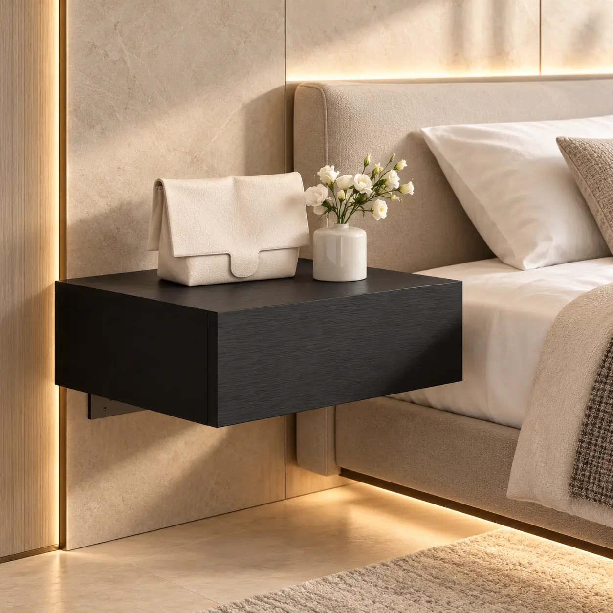 15.7 in Modern Black Floating Nightstand with Drawer - Wall-Mounted Bedside Table, Hidden Storage, Drilling-Required Installation for Bedroom Small Spaces