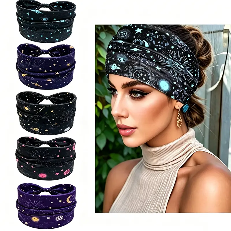 Boho Headbands for Women, 5-Pack Universal Accessory Kit, Soft Elastic Bandana Pattern Hair Bands, Wide Non-Slip for Running & Fitness, One Size