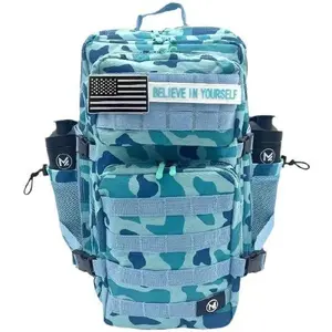 Macky Tactical Bag 45L Blue Camo with USA Flag Patch & 'BELIEVE IN YOURSELF' Tag Machine Washable for Outdoor Activities & Everyday Use