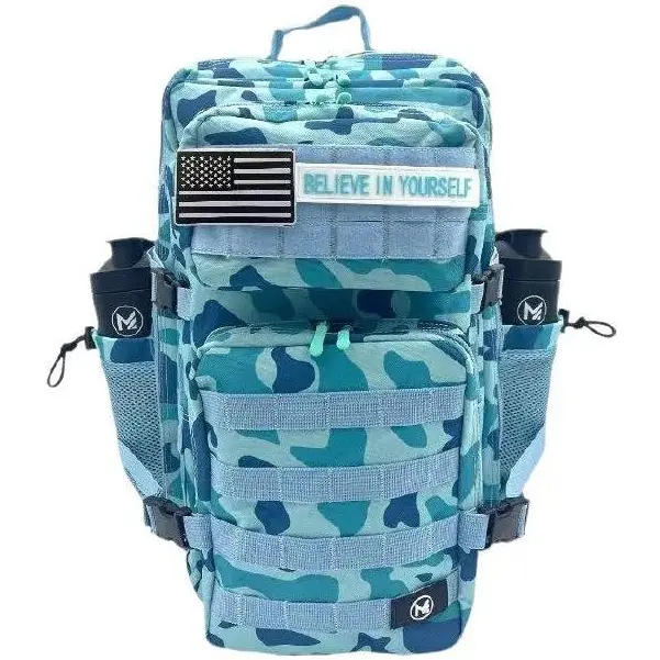 Macky Tactical Bag 45L Blue Camo with USA Flag Patch & 'BELIEVE IN YOURSELF' Tag Machine Washable for Outdoor Activities & Everyday Use