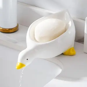 Cute Duck Design Plastic Soap Dish, Self-Draining Soap Saver Tray for Bathroom Shower, Easy Cleaning Rectangular Soap Holder