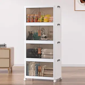 VECELO Plastic Foldable Stackable Storage Bin Double Door With Lids and Wheels Display Case Showcase Closet Rectangle Box Organizers and Storage for Electronics, Clothes, Toys,3 Pack 4 Pack 5 Pack Makeup Cart