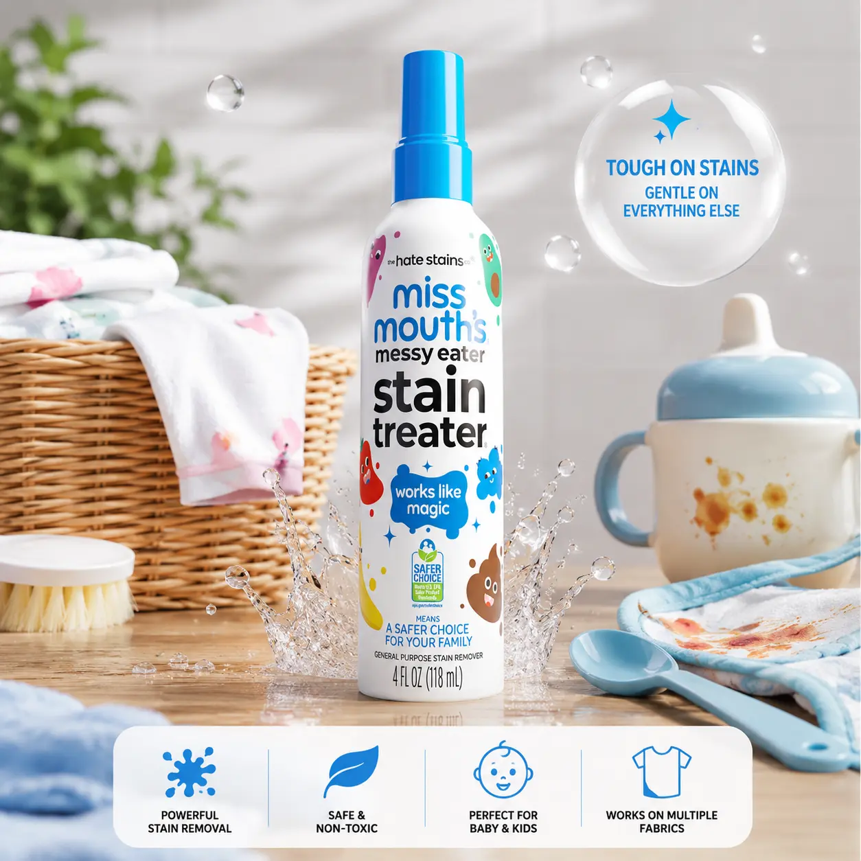 Miss Mouth's Messy Eater Stain Treater Spray - 4oz Stain Remover - Newborn & Baby Essentials - No Dry Cleaning Food, Grease, Coffee Off Laundry, Underwear, Fabric