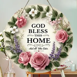 【fathersdaygift】God Bless This Home Round Wooden Sign, Floral Wreath Wall Art, Farmhouse Front Door Hanger, Inspirational Home Decor, Christian Welcome Sign for Porch, Living Room, Housewarming Gift