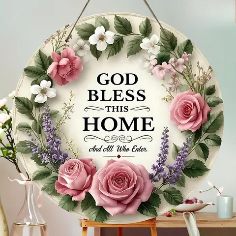 【summervibes】God Bless This Home Round Wooden Sign, Floral Wreath Wall Art, Farmhouse Front Door Hanger, Inspirational Home Decor, Christian Welcome Sign for Porch, Living Room, Housewarming Gift