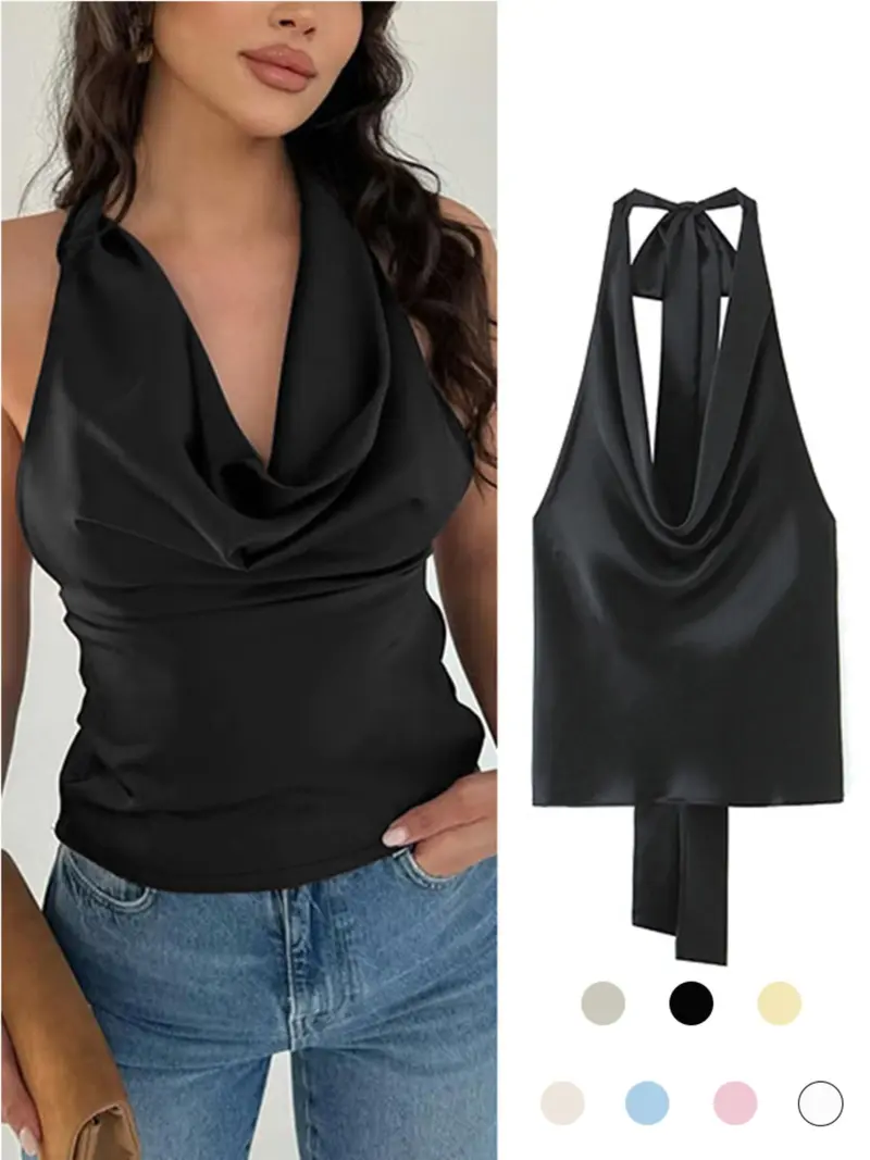Women's Backless Satin Top, Loose-Fit Thin Fabric, Summer Sleeveless Blouse, Elegant Neckline Design, Perfect for Casual Wear