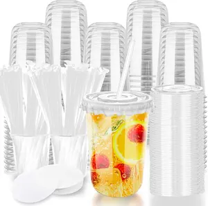 16oz Disposable Stemless Glasses with Flat  and Straws,PET Disposable Drinking Cups,Clear Plastic  Glasses for Parties Birthday,Wedding,Meeting,Christmas Party Supplies. (100, Transparent)