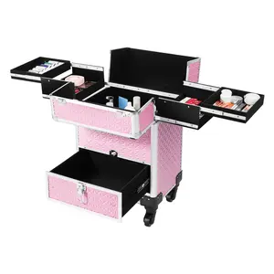7-Compartment Rolling Makeup Train Case with Drawer Adjustable Dividers & 4 Detachable Wheels, Heavy Duty Mobile Makeup Organizer with Pull Rod & Lock for Cosmetics, Scissors, Brushes, Jewelry, for Hair Stylist, Makeup Artist, Beauty Salon, Travel Use