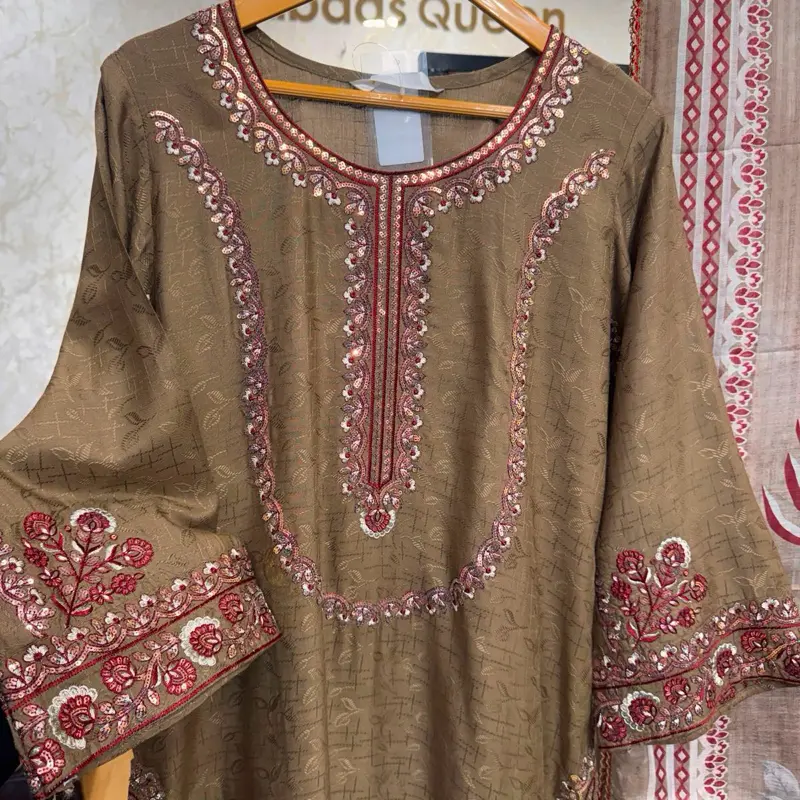 New 3-Piece Pakistani Designer Pants & Top Set - Brown, Heavy Red Sequined Embroidery, Printed Kurta & Dupatta
