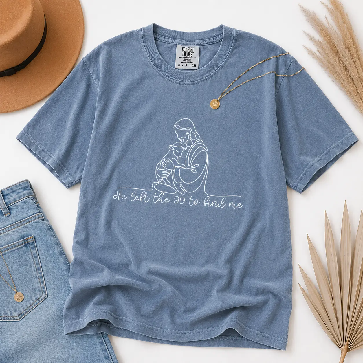 Women's Short-Sleeve Christian Comfort Colors Shirt - Minimalist Line, He Left The 99 Quote, Religious Jesus Bible Verse Nurse Hospital Workwear, Faith Believer Church Gift - Printfamily, Shortsleeve, T-Shirt, Style, Fit, Cute, Casual, Printed, Graphic, T