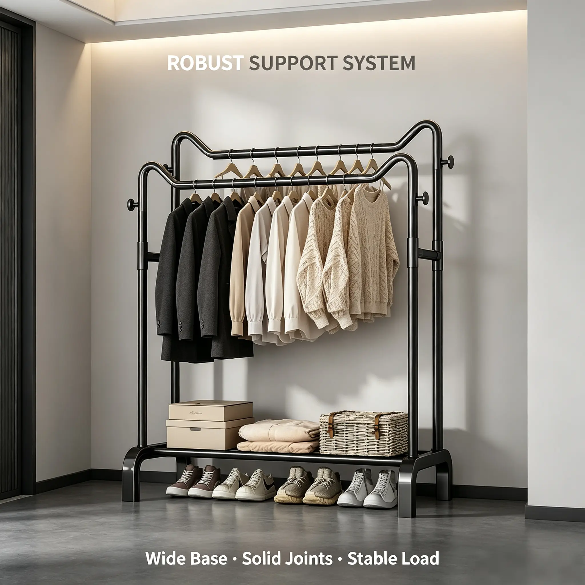 Minimalist Double-Rod Freestanding Garment Rack, Open Clothes Organizer with Bottom Storage Shelf, Side Hooks for Bedroom Daily Wear Storage