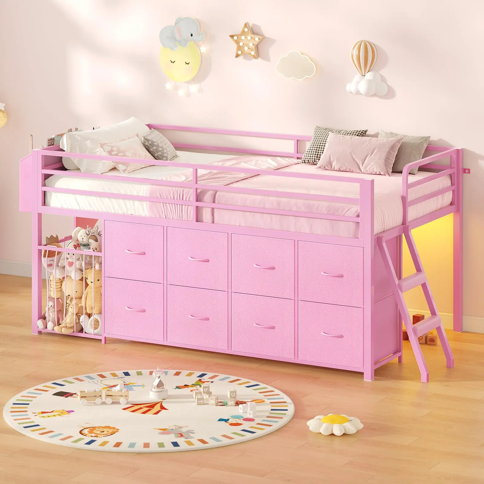 Twin Size Low Loft Bed with 8 Storage Drawers & Toy Organizer, Metal Loft Bed with RGB Lights, 13" H Safety Guardrail, Play Zone, Heavy Duty Twin Low Loft Bed with 2-Step Ladder & Anti-Tip Kit, No Box Spring Needed, Pink
