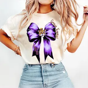 LSU Purple and Gold Coquette Bow Shirt, LSU Football Coquette Shirt, Game Day, Football Season Shirt, Tigers Shirt Cotton Fabric Top Womenswear Graphic