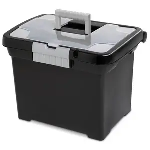 Medium File Box Black: Plastic File Organizer with Handle and Clear Lid, 8.5x11 Inch Storage Box