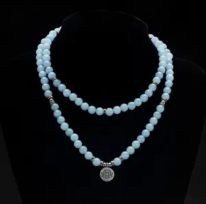 8mm Blue Bead Rose Quartz Mala Beaded Necklace | Versatile Long Wrap Bracelet Lucky Crystal Jewelry Lotus Charm Perfect For Everyday Wear & Gift For Her