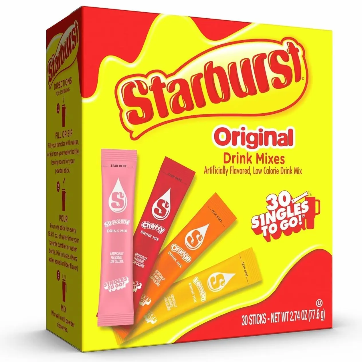 Starburst Singles to Go Variety Pack, Watertok Powdered Drink Mix, Includes 4 Flavors, Strawberry, Cherry, Orange And Lemon 1 Box (30 Servings)