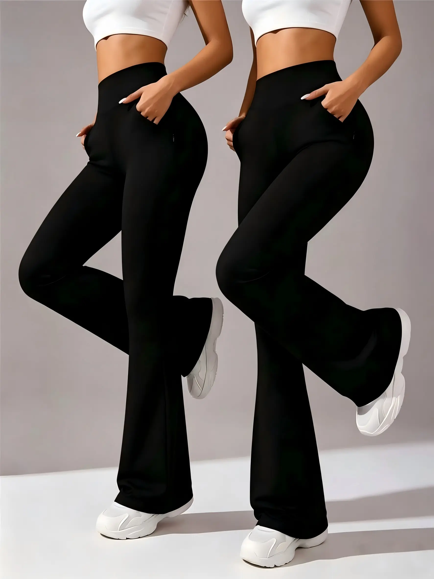 Women's 2-Pack High-Waisted Tummy Control Flare Pants - Elastic Waist, Solid Color Stretch Fabric, Pockets, Comfortable Minimalist Fit for Sports, Outdoor Activities, Trouser, Female, Sporty Chic