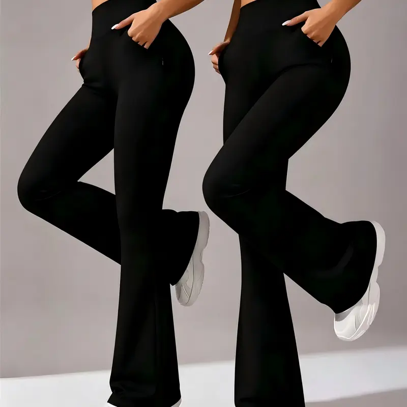 Women's 2-Pack High-Waisted Tummy Control Flare Leggings - Elastic Waist, Solid Color Stretch Fabric, Pockets, Minimalist Fit, All Seasons, Casual, Female Women's Clothes for Sports, Outdoor Activities, M, Do Not Dry Clean