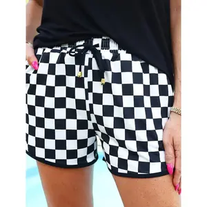 Women's Casual Checkered Drawstring Shorts - Black and White Loose Fit Spandex Bottom with Drawstring Waistband for Spring/Summer Comfort Fabric Womenswear jean shorts