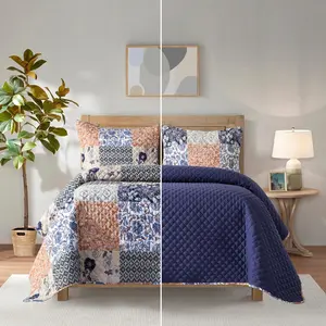 Elegant Comfort 3-Piece Patch Plaid Quilted Reversible Bedspread Coverlet Set - Double-Sided Design with 2 Pillow Shams, All-Season Bedding