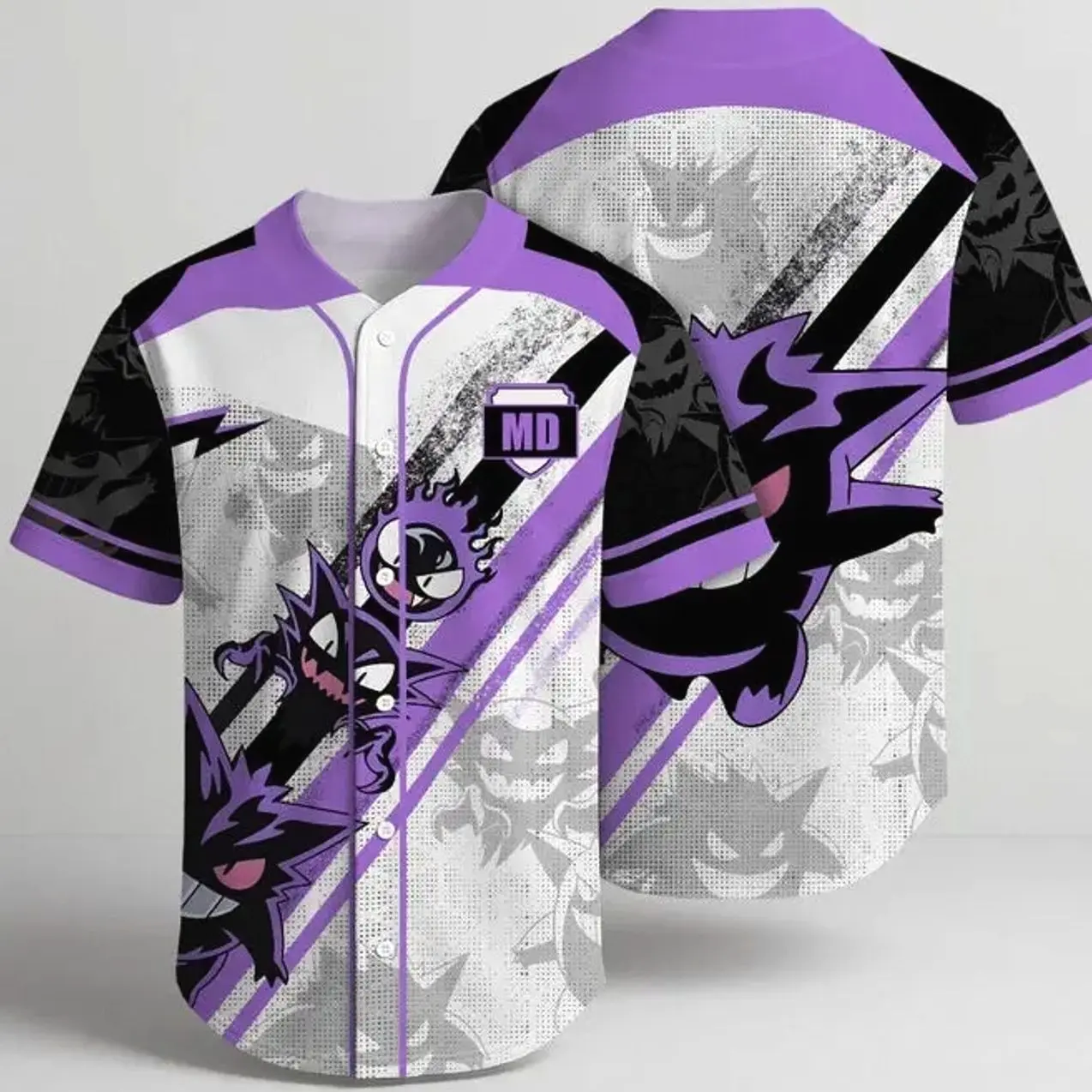 BaseMode Jerseys Shadow Grin Baseball Jersey Purple Ghost Anime Style Shirt Cool Unisex Graphic Top Loose Fit 100% Polyester Warp Knitted Fabric