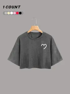 Summer Stylish Heart Print Cropped T-Shirt, Cute Heart Design with Dropped Shoulders, Ideal for Women and Kids Casual, Cute Shirts