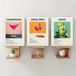 Cosmopolitan Cocktail Pattern Wooden Framed Canvas Painting, 3 Counts/set Modern Art Deco Style Drink Pattern Wall Art, Wall Decor for Home Living Room Bedroom Office