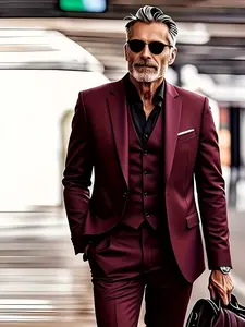 Men's 3pcs Slim-Fit Tailored Suit Set - Burgundy Wedding, Business & Formal ttire with Vest, Pants & Tie - Luxury Wedding Dress Outfit, Work Uniform, Prom Tuxedo (Hand Wash/Dry Clean) - -Season Wear, Suits For Men, Wedding Suits For Men