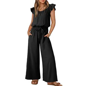 Dokotoo Jumpsuits for Women 2026 Summer Ruffle Sleeves Square Neck Rompers Drawstring Overalls with Pockets