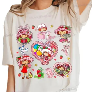 Cartoon Friends Nostalgia Shirt, 80's Cartoon Characters Rainbow Shirt, Care Bears And Strawberry Tee, Strawberry Shortcake Shirt