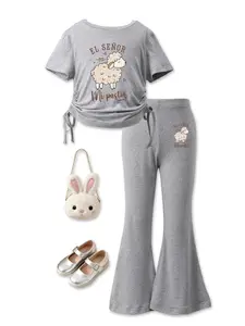 Summer Girls' Set Sheep Cartoon + Spanish Faith Slogan Drawstring Design, Cute Loose-Fitting Short Sleeve T-Shirt & Flared Pants Two-Piece