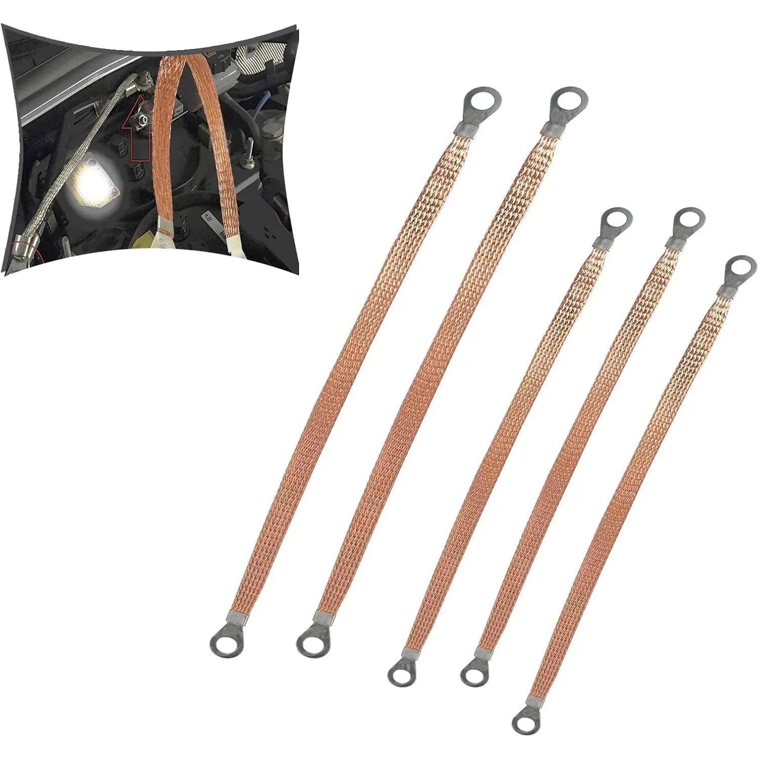 5 PCS Heavy-Duty Automotive Engine Grounding Braided Straps - Flexible Tensile-Resistant Copper Wire, High-Temperature Resistance, Excellent Conductivity, Distribution Box Bridge Jumpers, Multi-Size Gold-Plated Car Repair Accessories for Most Models