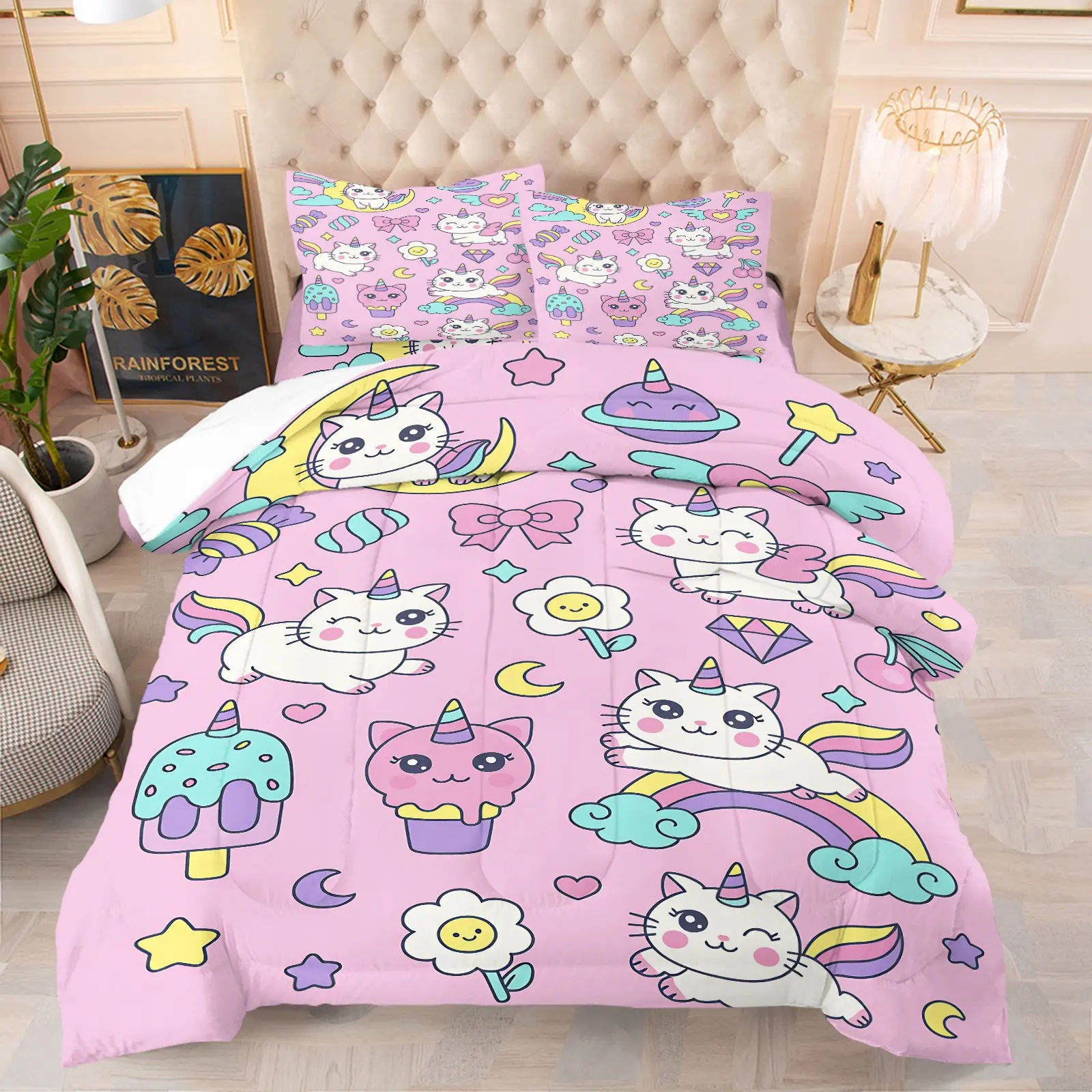 Kawaii Caticorn Comforter Set Queen Size, Pink Kawaii Unicorn Cat Rainbow Print Cartoon Printed Bedding, Soft Cozy Warm Microfiber Bedding Sets with 1-2 Pillow Shams, for Girls Bedroom Dorm Decor, Perfect Gift for Cat Lovers Unicorn Fans
