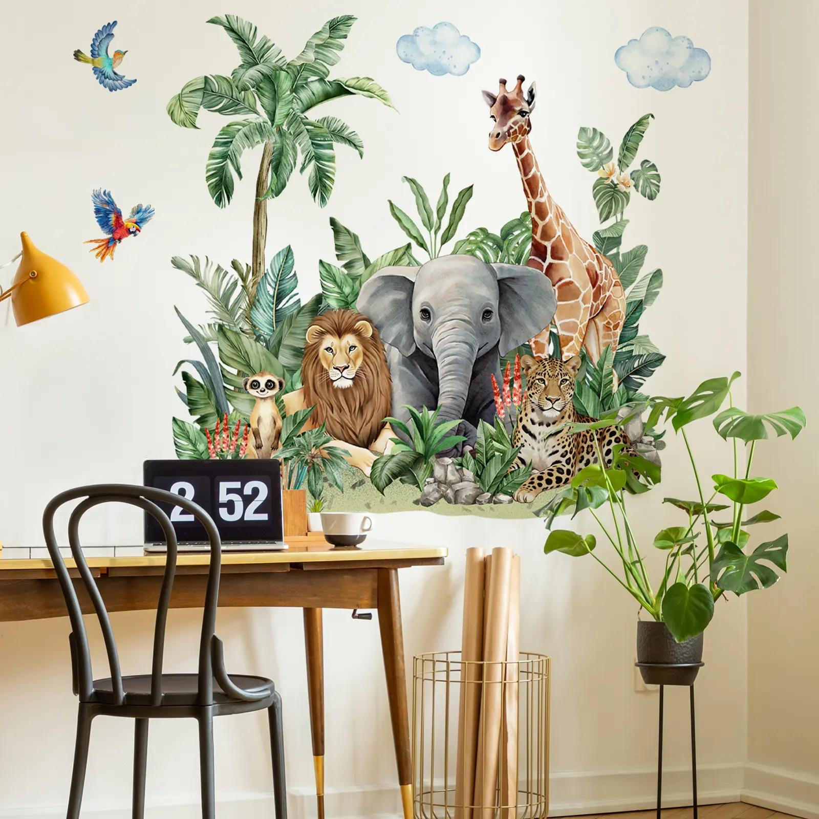 2Pcs/Set (3060cm2pcs) Watercolor African Jungle Animal Wall Stickers, Tropical Adventure Theme Self-Adhesive Wall Decor for Kids Room