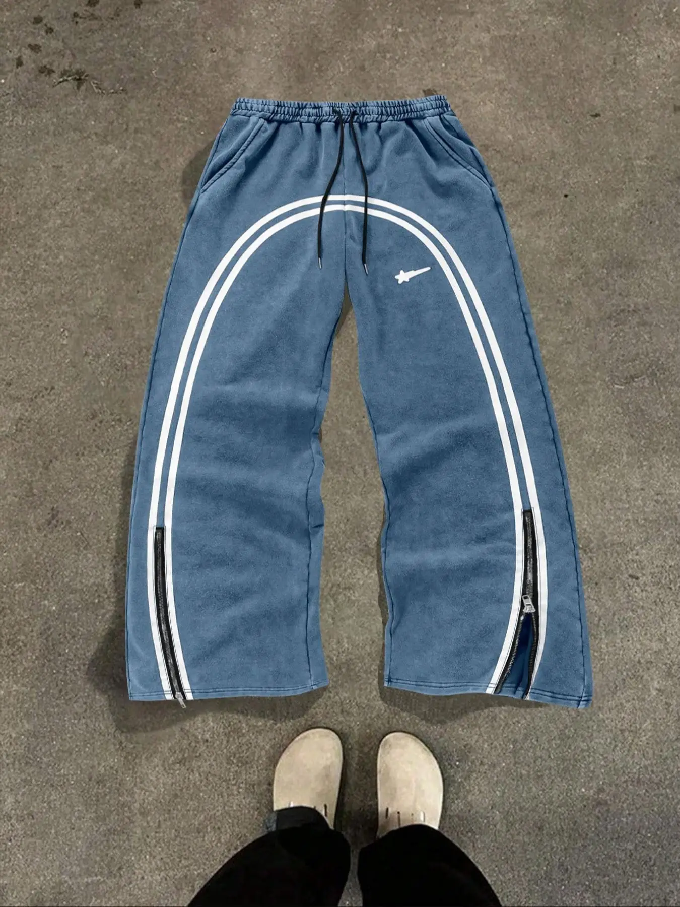 Men's Star & Striped Print Washed Distressed Drawstring Waist Sweatpants, Regular Fit Casual Comfy Fashion Pocket & Zipper Design Pants for Fall & Win