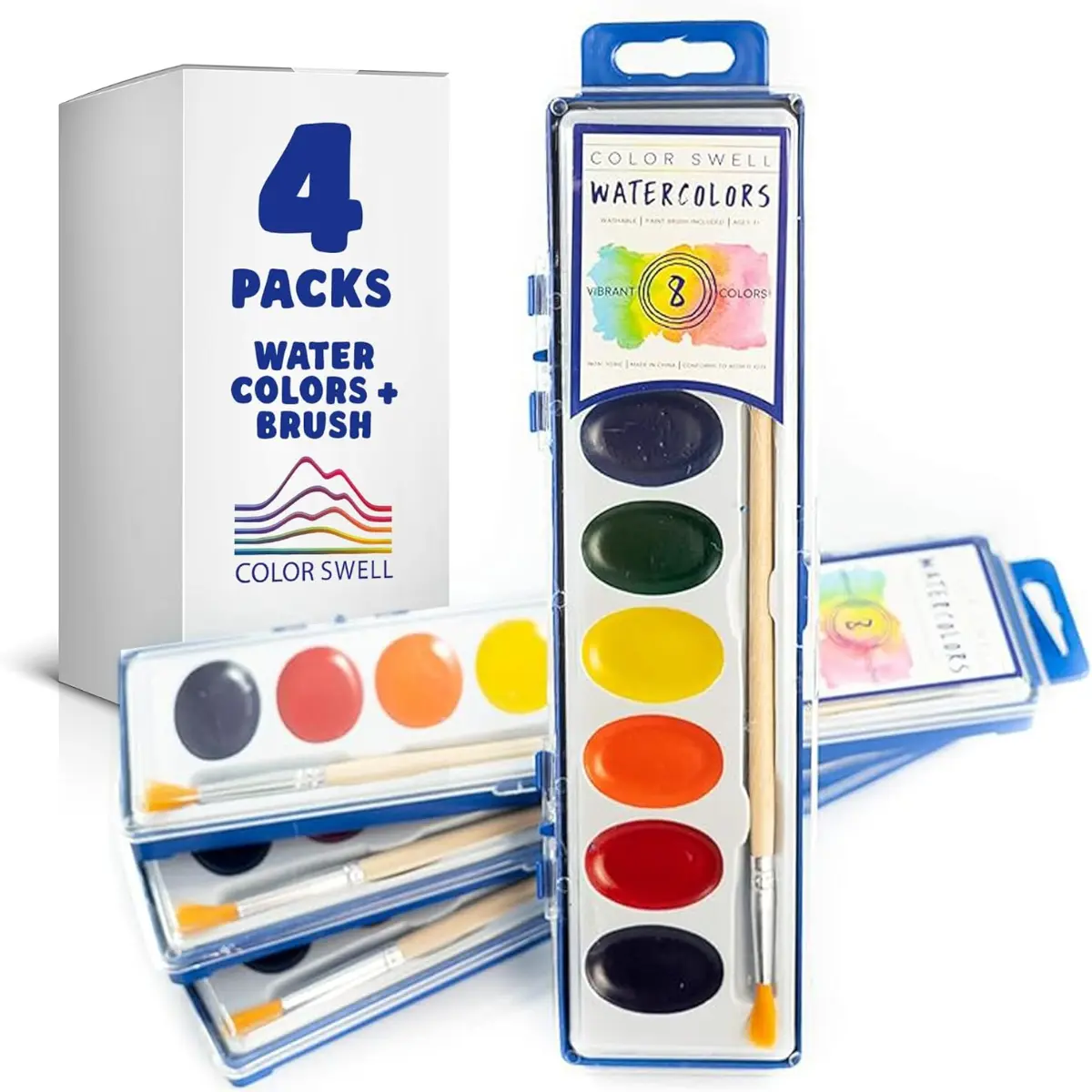 Color Swell Watercolor Paint Set – 4 Pack with Learning Shapes and Strong Wooden Brush, Washable for Kids, Home, School – Great for Birthdays, Halloween Art Supplies Gift Set, and Christmas Gifts