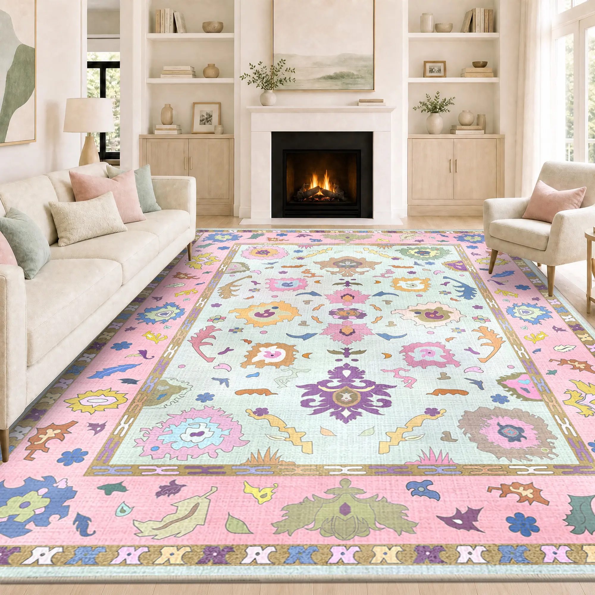 【Back to School】MUGORN Large Modern Oushak Cool Throw Rug - Non-Slip Rubber Backing, Machine Washable Low Pile, Unique High Traffic Living Room Decor, Outdoor-Use Household Item, Cool Rugs,summerwins