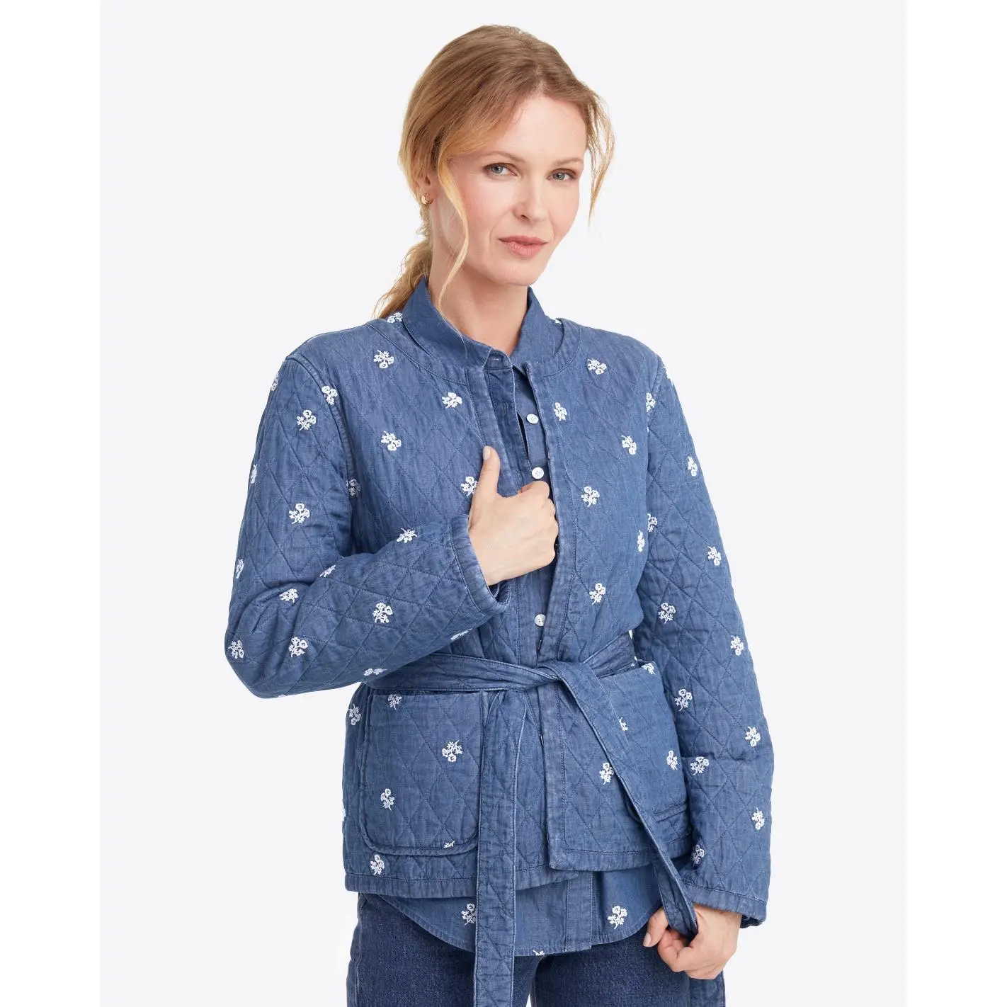 Reversible Belted Jacket in Embroidered Chambray