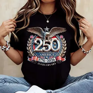 100% Cotton 250 United States Of America 1776 2026 Anniversary Eagle And Stars Print T Shirt Crewneck Casual Wear For Independence Day Celebration