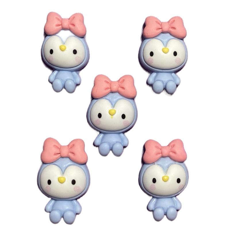 Set of Five Penguin Charms with Pink Bows - Cute and Adorable Design