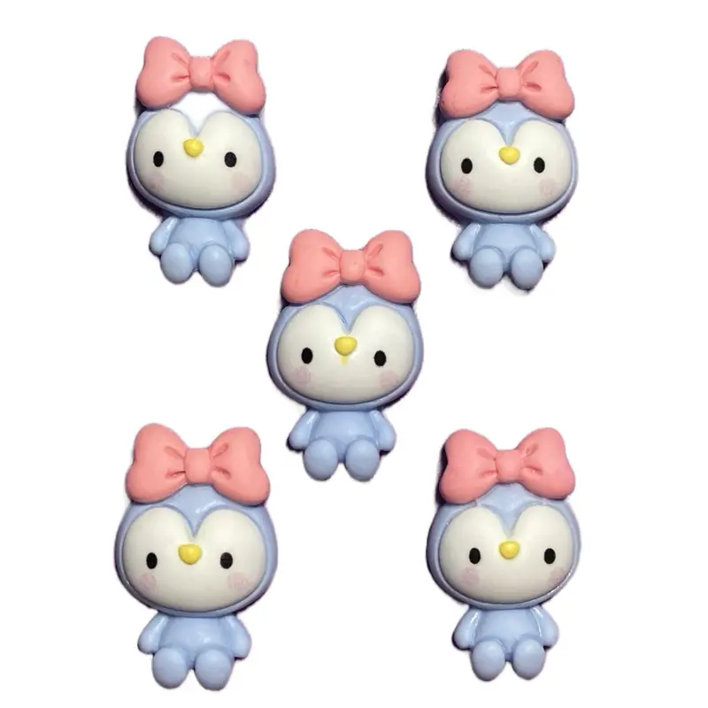 Set of Five Penguin Charms with Pink Bows - Cute and Adorable Design
