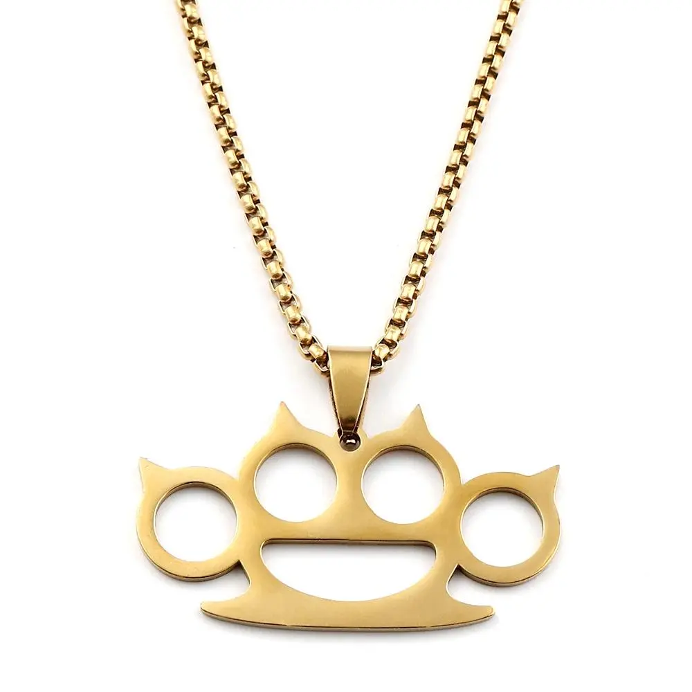 Stainless Steel Silver Cat Paw Bead Knuckleduster Necklace - Hip Hop Animal Jewelry for Female Daily Wear, Ideal for Anniversary Gifting, Gold, Knuckle Buster, As Show, Metal Coating, Unisex, Pendant