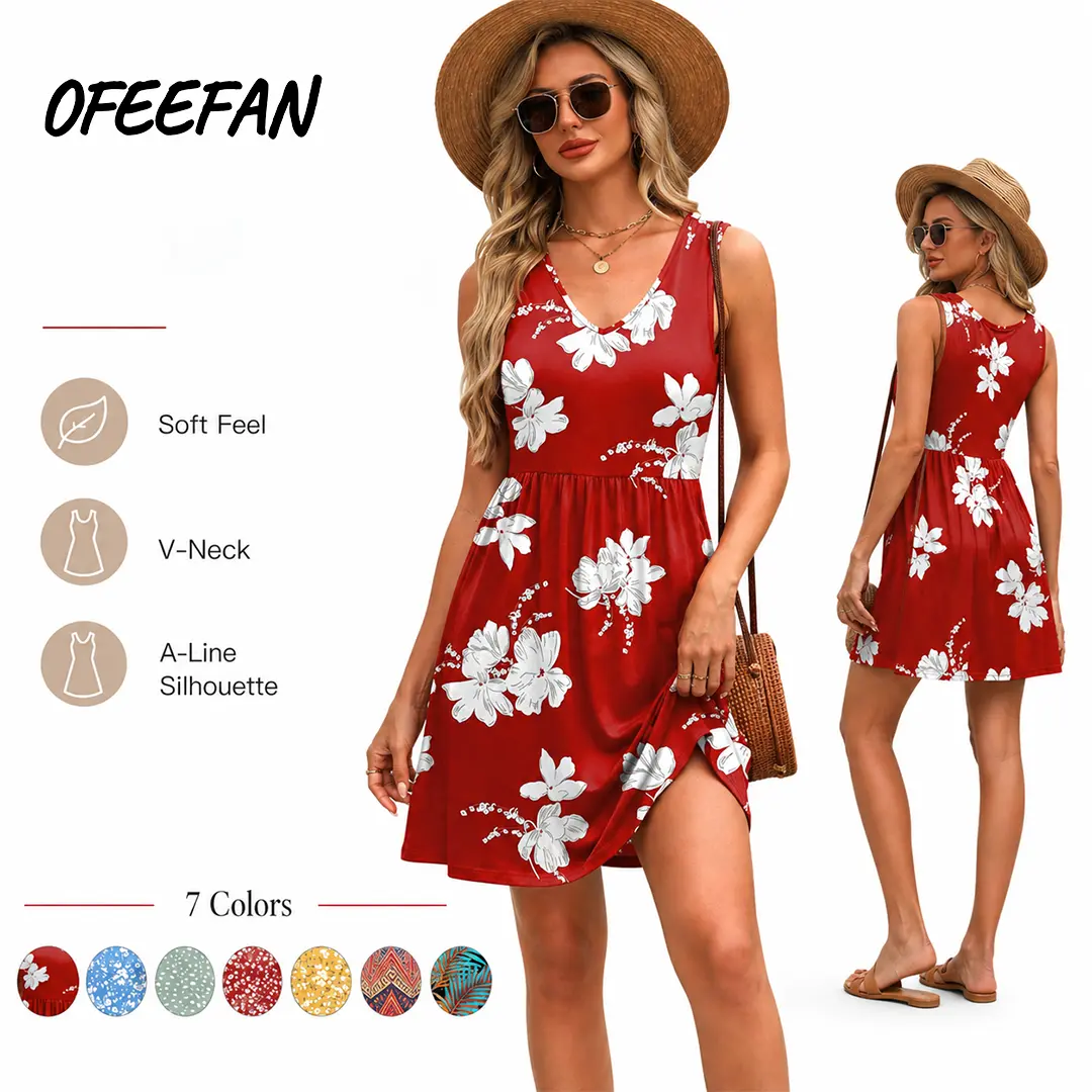 OFEEFAN Summer Dresses for Women 2026 Casual V Neck Sleeveless Tank Dress Beach Sundresses with Pockets