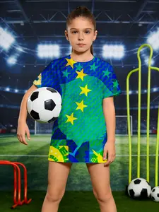 girls' short sleeve T-shirt Brazil Flag Stars And Green Pattern sports leisure 3D full-frame printing Spring/Summer Polyester Essential for outdoor sports Summer Daily wear Fashion football jersey