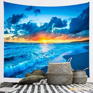 Ocean Beach Pattern Tapestry, Hawaii Scene Coast Seaside Wave Sunset Sunrise Wall Hanging, Modern Nature Landscape Wall Decor for Home Living Room Bedroom