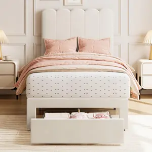 GARVEE Explore the GARVEE Twin Bed Frame Collection with luxurious velvet upholstery available in Beige, Pink, and Boucle. Each bed features an under-bed drawer, wooden slats for support, and a stylish wave headboard.